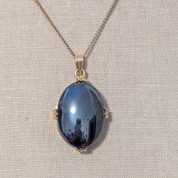 NWT Hematite Gold Tone Pendant Necklace Oval Faceted Gemstone New in Box - Picture 6 of 9